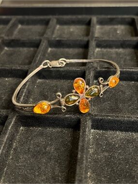 Vintage sterling silver 925 honey and green natural amber bracelet size 7 1/2